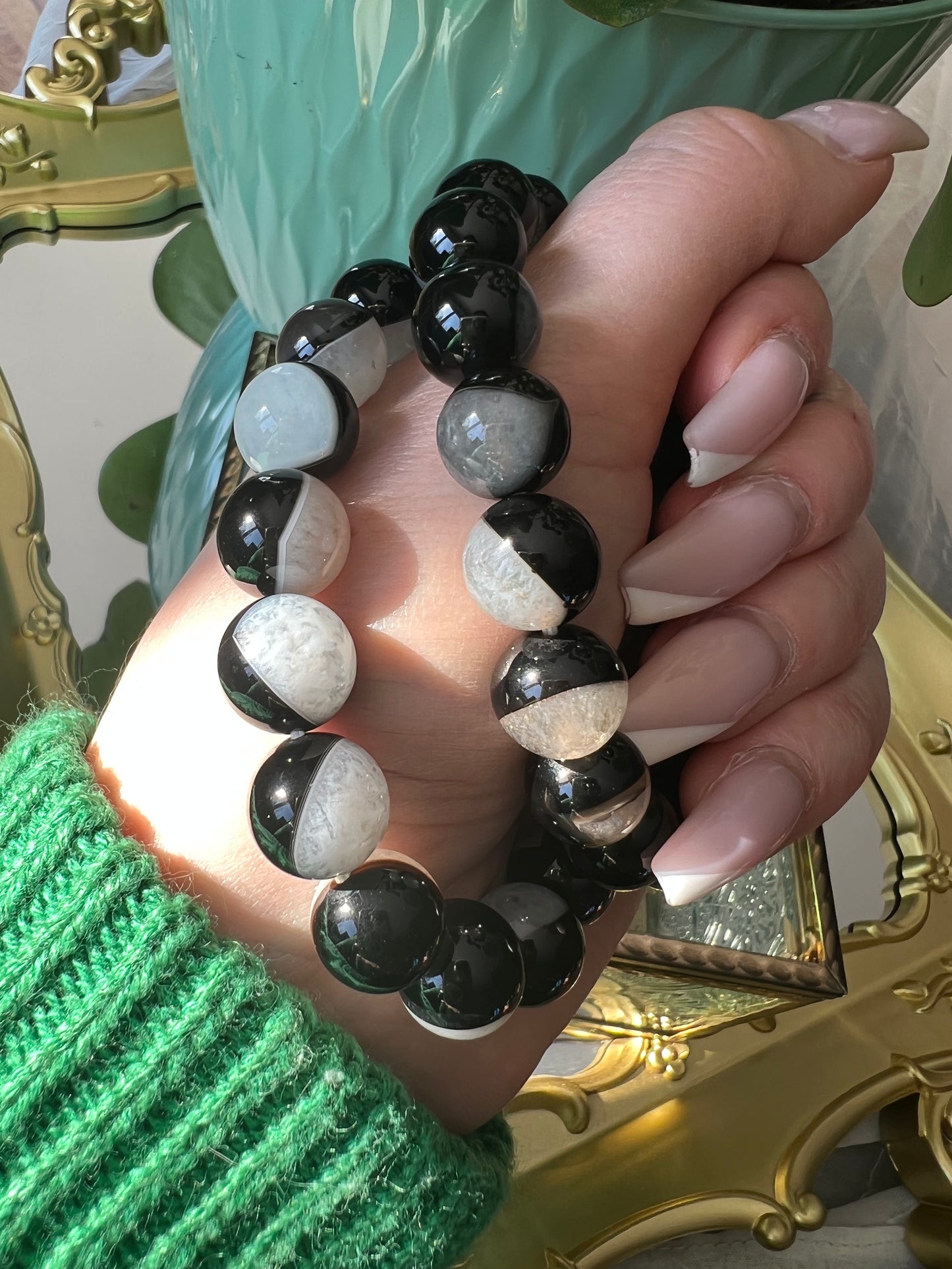 Black Agate and Quartz Bracelet 12mm